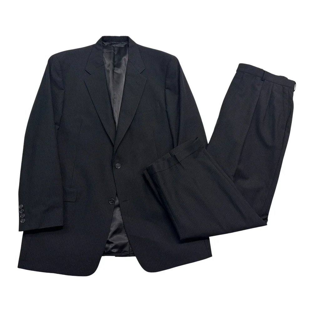 vtg 90s Hart Schaffner Marx 44L 38x30 Black Pinstripe 2pc Pant Suit Pleated USA